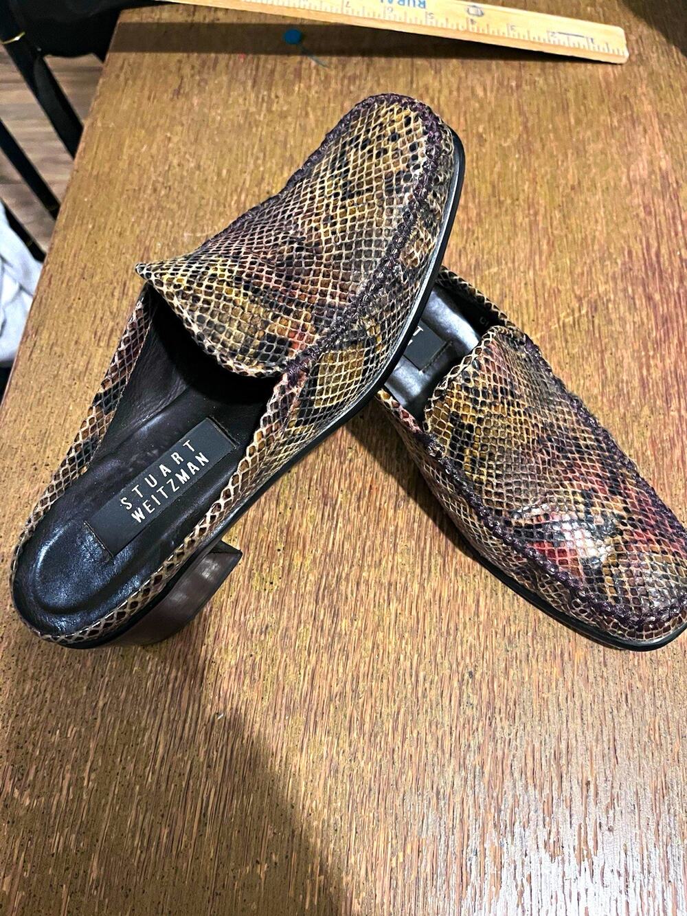 Stuart Weitzman Women's Snake Print Square Toe Slip-On Mule Block Heel